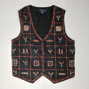 Vintage Art Harvest Floral Embroidered Square Knit Cottage Core Black Vest